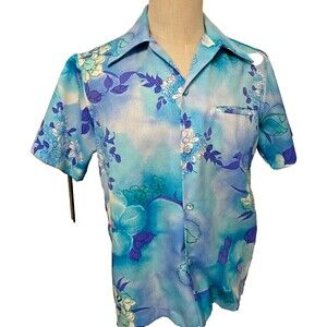 Vintage 70s HAWAII NEI Men's Size Med Hawaiian Shirt Blue White Purple Floral